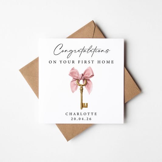 Personalised First New home card congratulations first house key pink bow ribbon with Envelope
