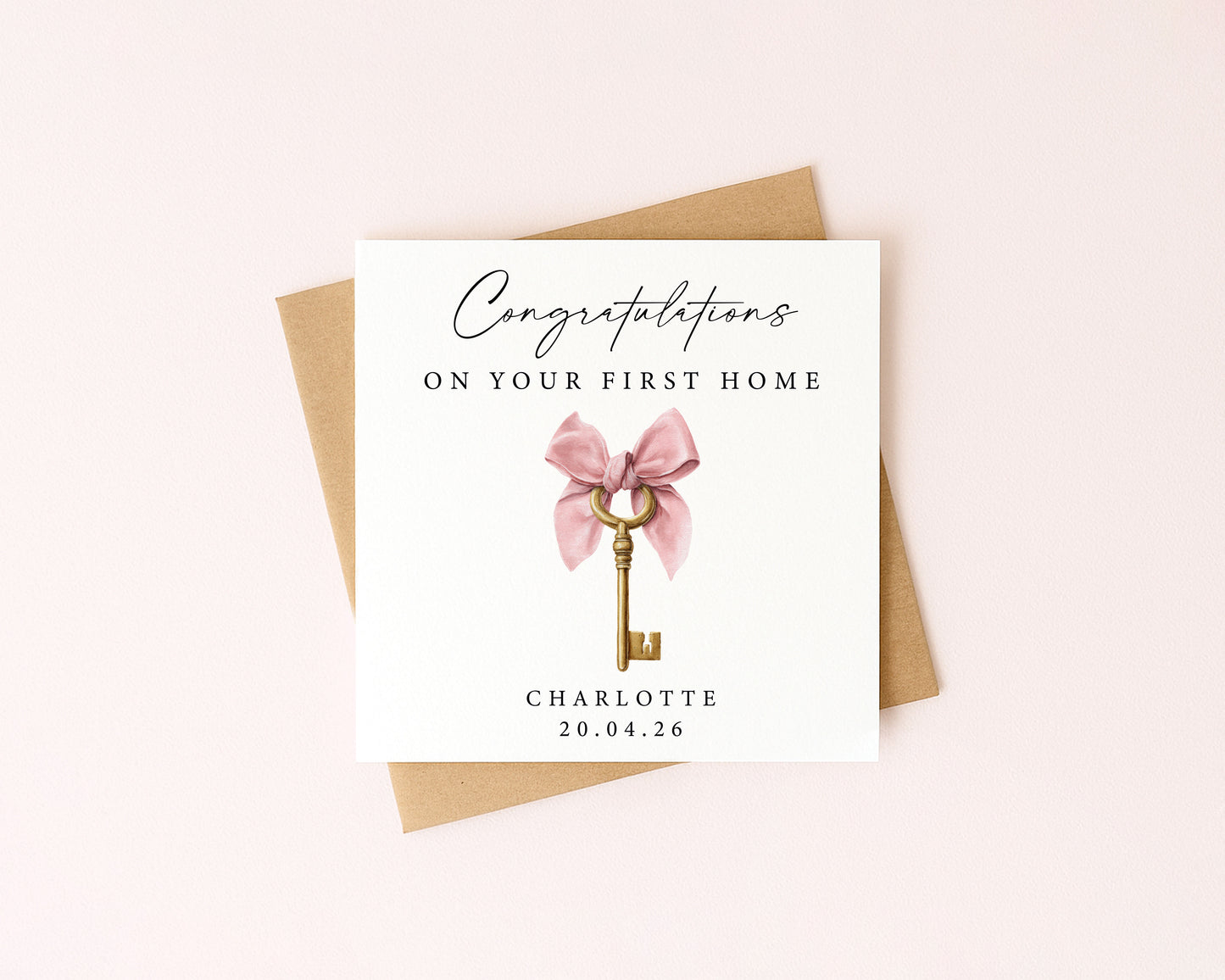 Personalised First New home card congratulations first house key pink bow ribbon with Envelope