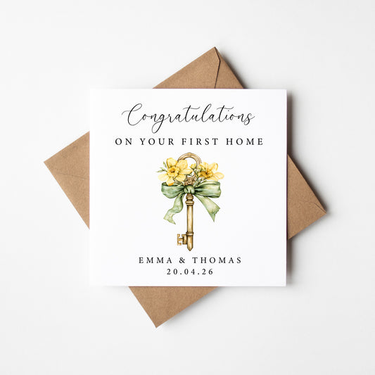 First home card, congratulations first house together floral key names dates personalised with Envelope