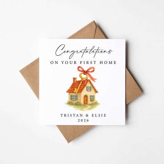 Personalised First New home card congratulations first house key red bow ribbon with Envelope