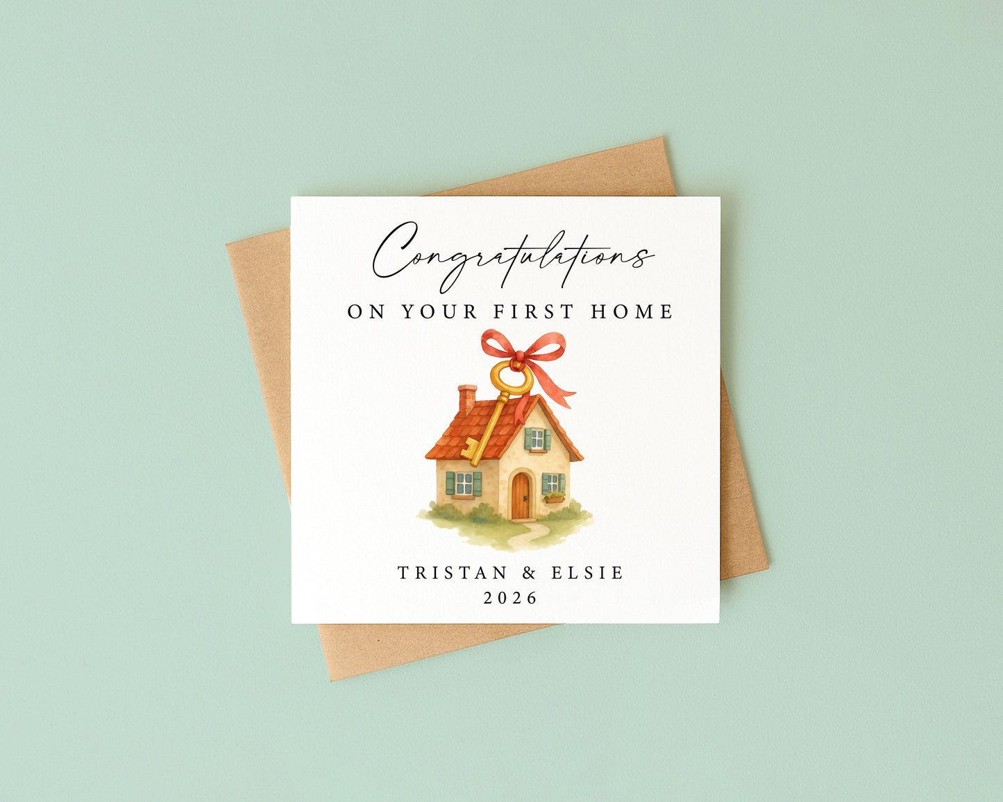 Personalised First New home card congratulations first house key red bow ribbon with Envelope