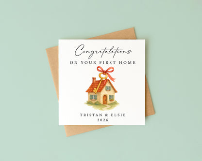 Personalised First New home card congratulations first house key red bow ribbon with Envelope