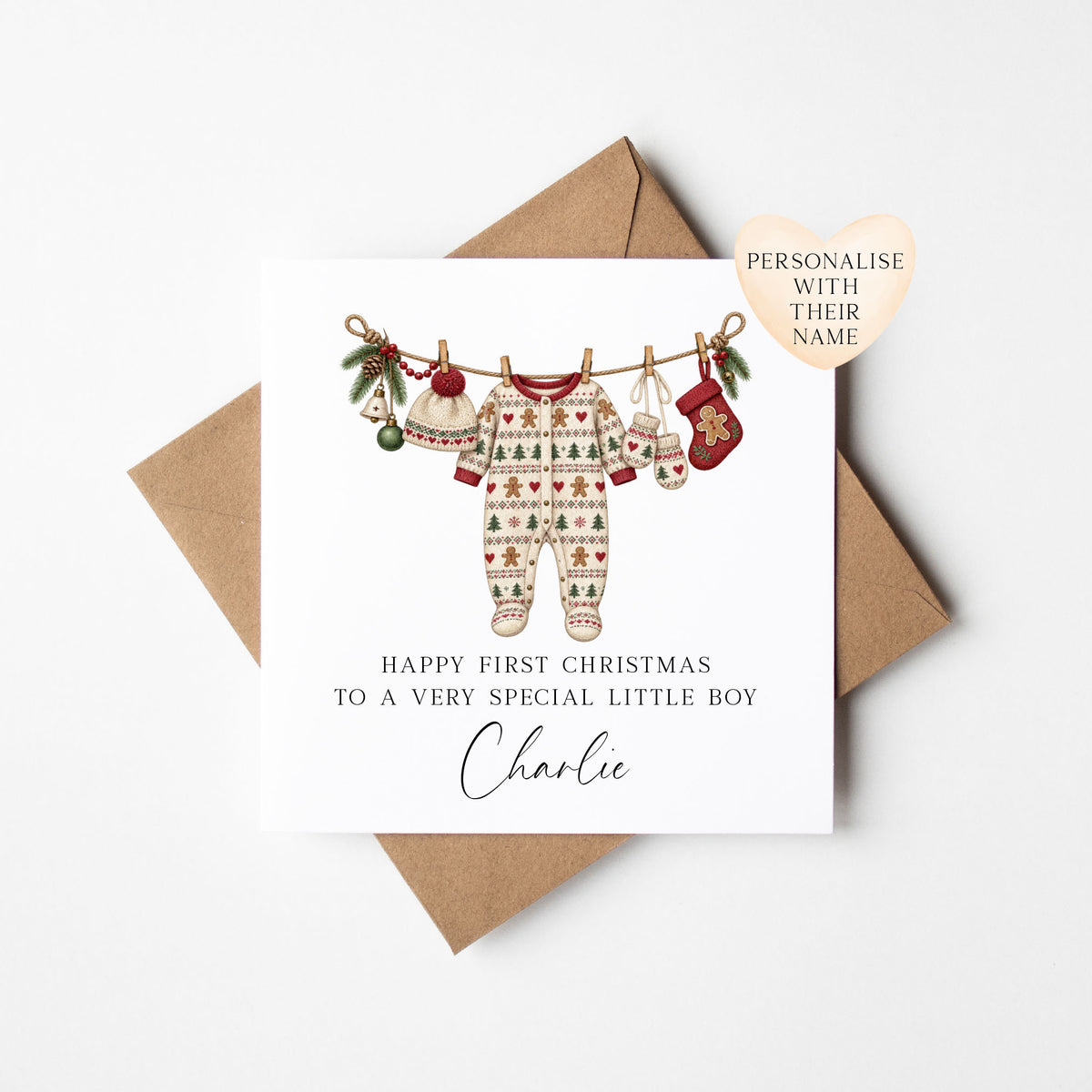 First Christmas card, Little boys 1st Xmas watercolour winter baby outfits seasonal cards
