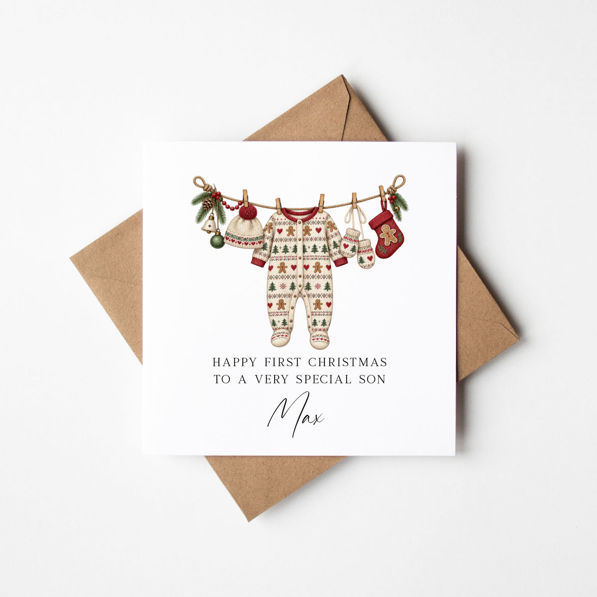 First Christmas card, Little boys 1st Xmas watercolour winter baby outfits seasonal cards