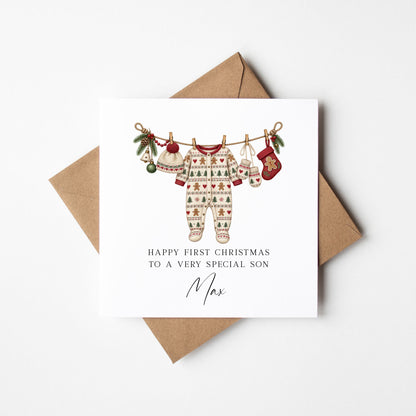 First Christmas card, Little boys 1st Xmas watercolour winter baby outfits seasonal cards