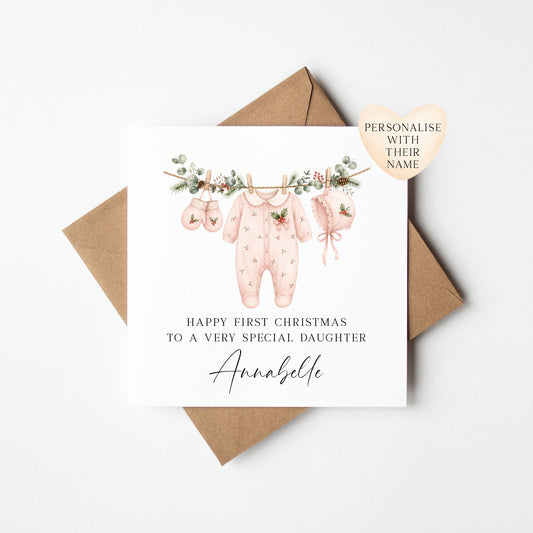 First Christmas card, Girls 1st Xmas watercolour baby outfit seasonal card with envelope