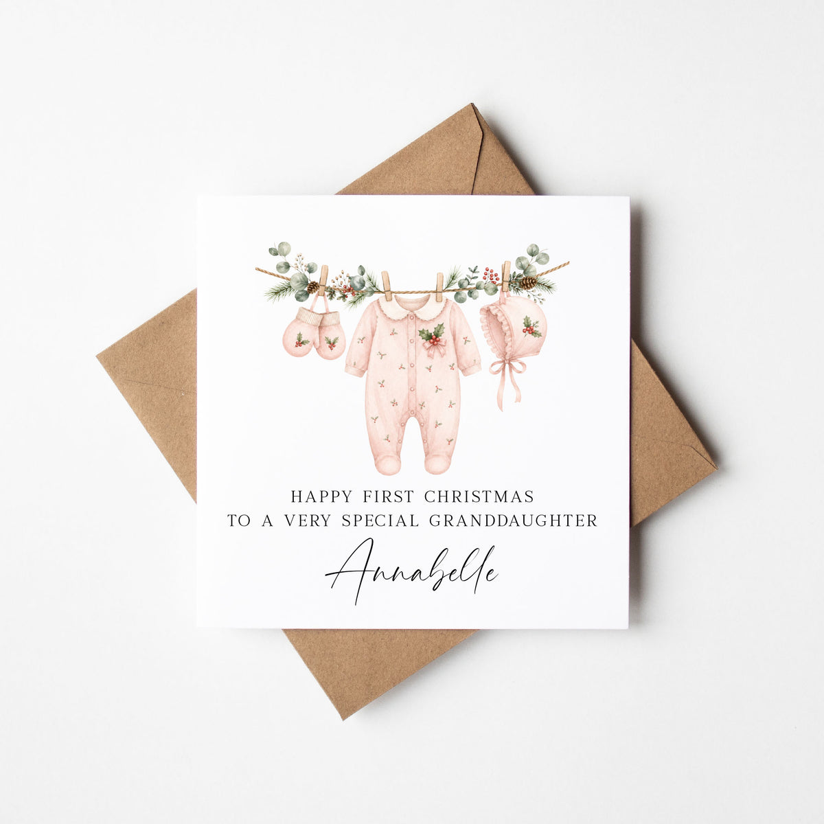 First Christmas card, Girls 1st Xmas watercolour baby outfit seasonal card with envelope