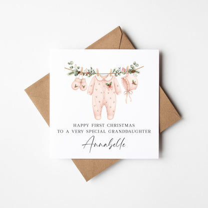 First Christmas card, Girls 1st Xmas watercolour baby outfit seasonal card with envelope
