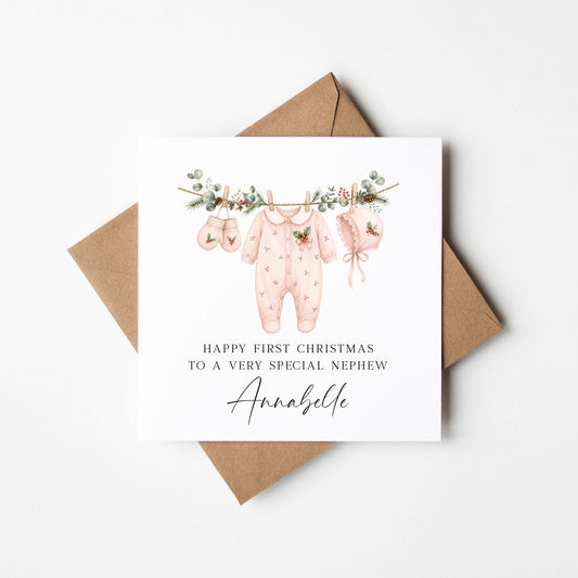 First Christmas card, Girls 1st Xmas watercolour baby outfit seasonal card with envelope