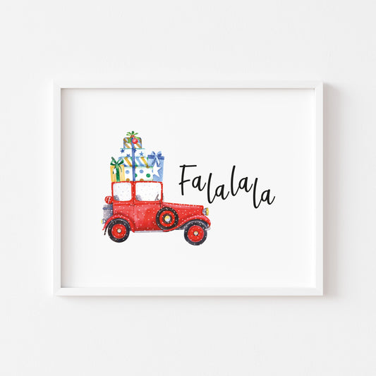 Fa la la Red Christmas car and presents seasonal unframed wall art poster print