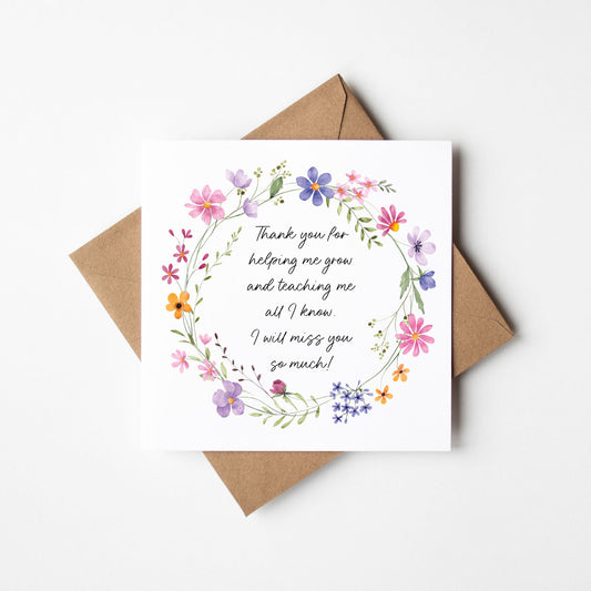 Floral Thank You Card Teacher, Nursery, Mentor Appreciation with Brown Envelope