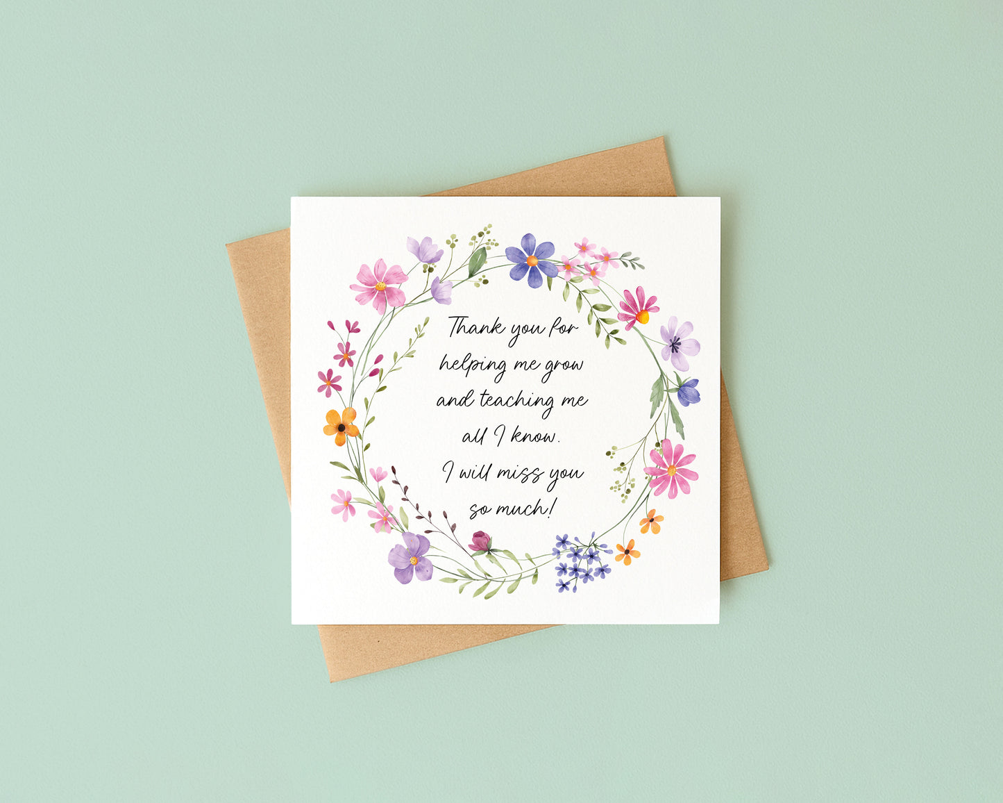 Floral Thank You Card Teacher, Nursery, Mentor Appreciation with Brown Envelope