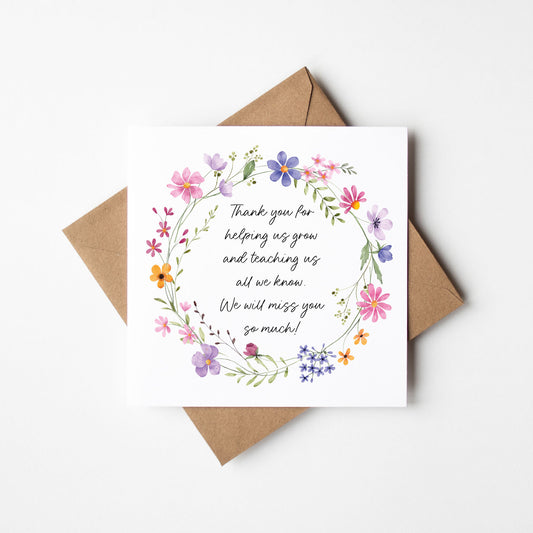 Floral Thank You Card Teacher, Nursery, Mentor Appreciation with Brown Envelope