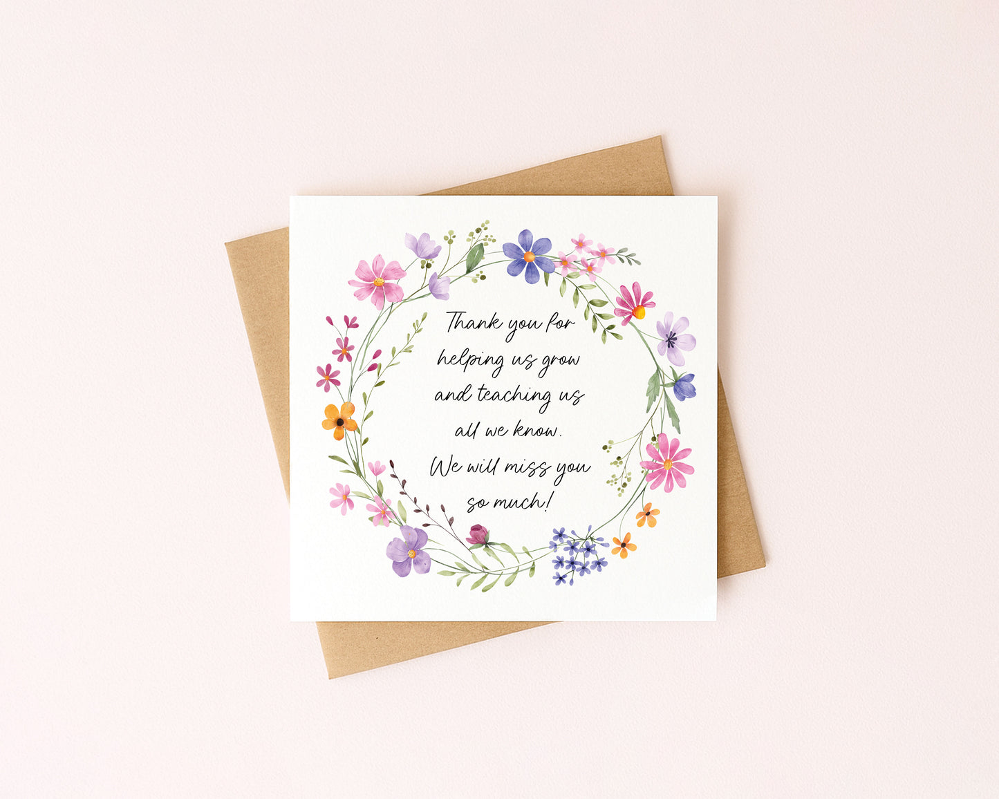 Floral Thank You Card Teacher, Nursery, Mentor Appreciation with Brown Envelope