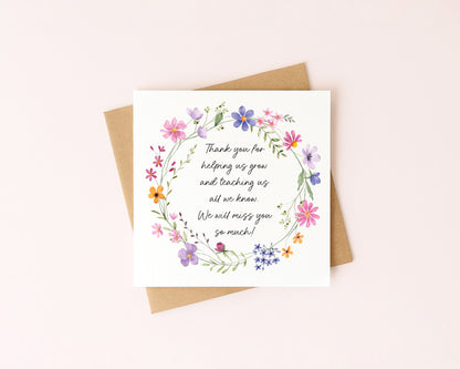 Floral Thank You Card Teacher, Nursery, Mentor Appreciation with Brown Envelope