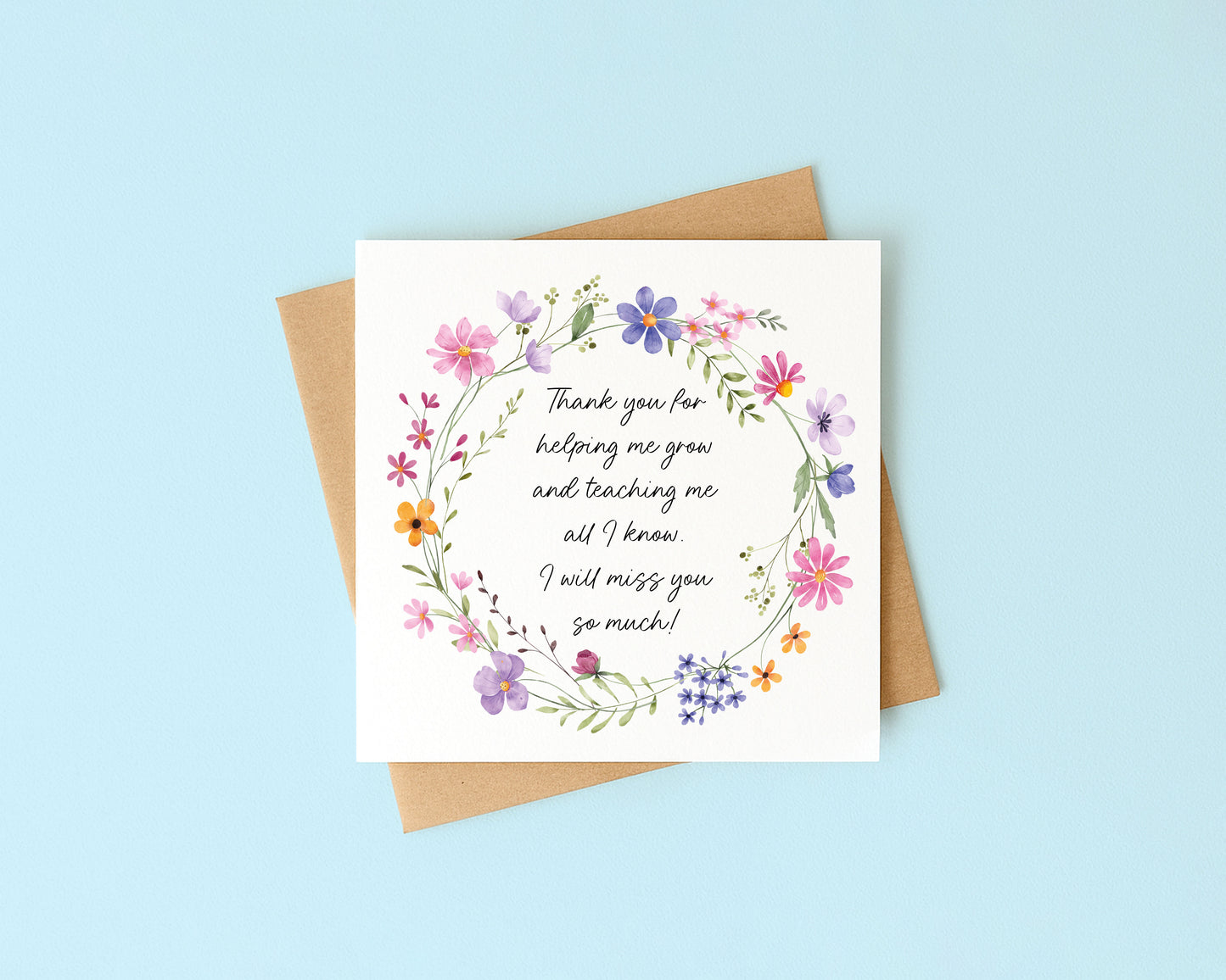 Floral Thank You Card Teacher, Nursery, Mentor Appreciation with Brown Envelope
