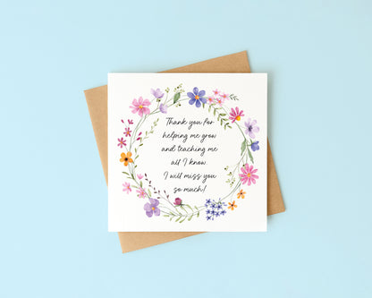 Floral Thank You Card Teacher, Nursery, Mentor Appreciation with Brown Envelope