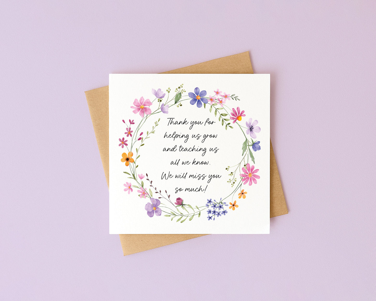 Floral Thank You Card Teacher, Nursery, Mentor Appreciation with Brown Envelope