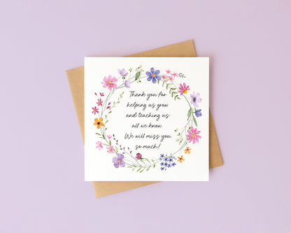 Floral Thank You Card Teacher, Nursery, Mentor Appreciation with Brown Envelope