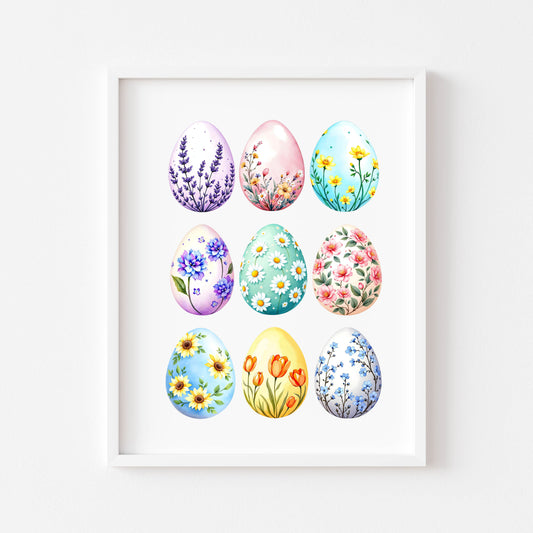 Bright patterned floral Easter Eggs Print Spring Home Decor Art (unframed)