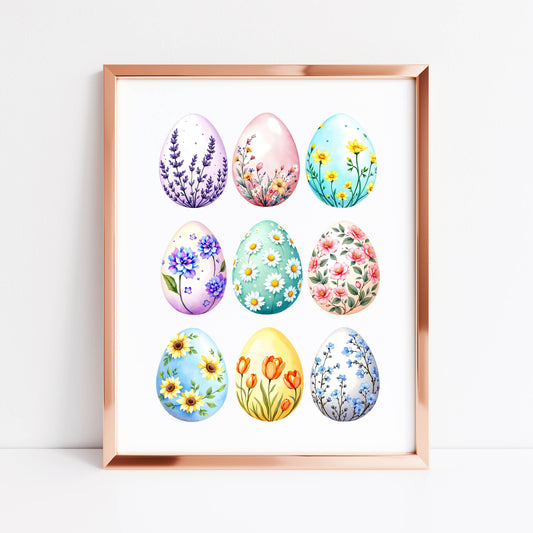 Bright patterned floral Easter Eggs Print Spring Home Decor Art (unframed)