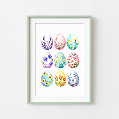 Bright patterned floral Easter Eggs Print Spring Home Decor Art (unframed)