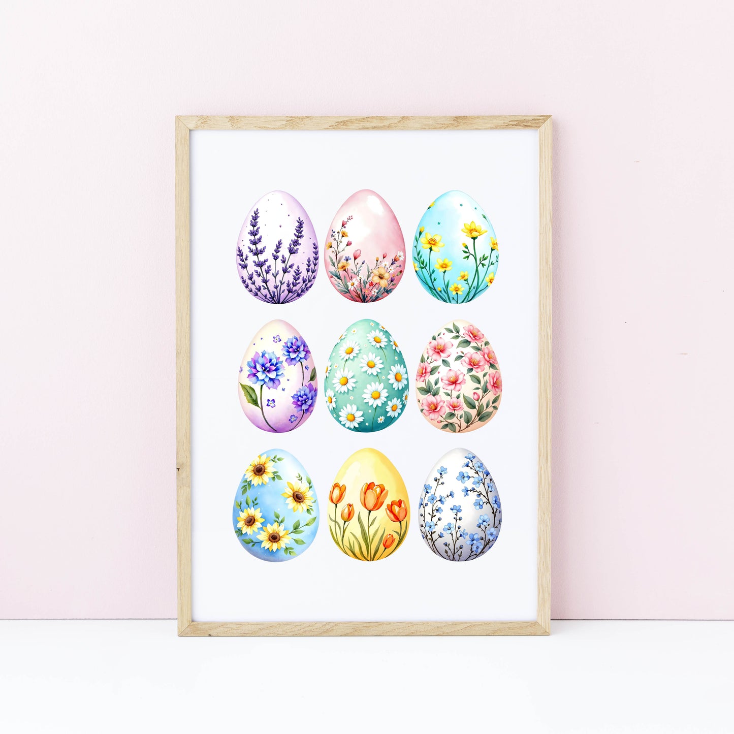 Bright patterned floral Easter Eggs Print Spring Home Decor Art (unframed)