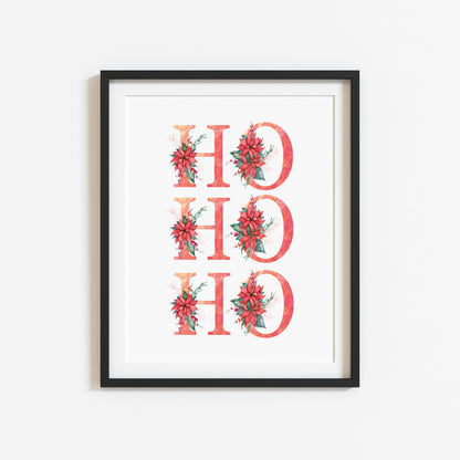 HO HO HO red crimson floral Christmas letters seasonal unframed wall art poster print