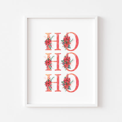 HO HO HO red crimson floral Christmas letters seasonal unframed wall art poster print