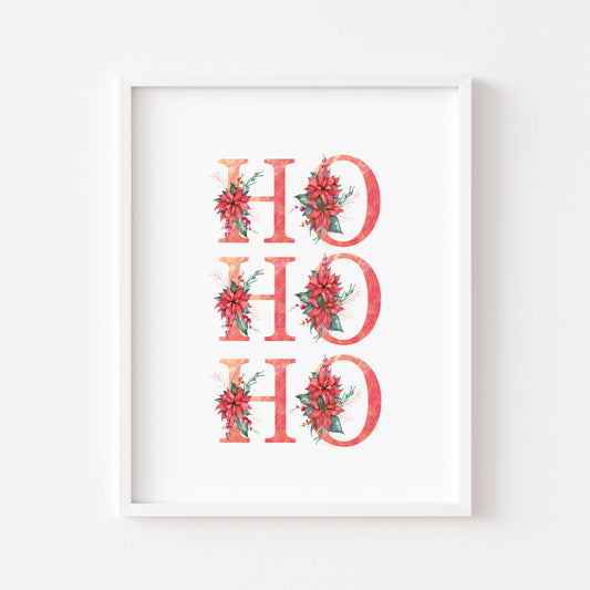 HO HO HO red crimson floral Christmas letters seasonal unframed wall art poster print