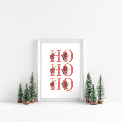 HO HO HO red crimson floral Christmas letters seasonal unframed wall art poster print