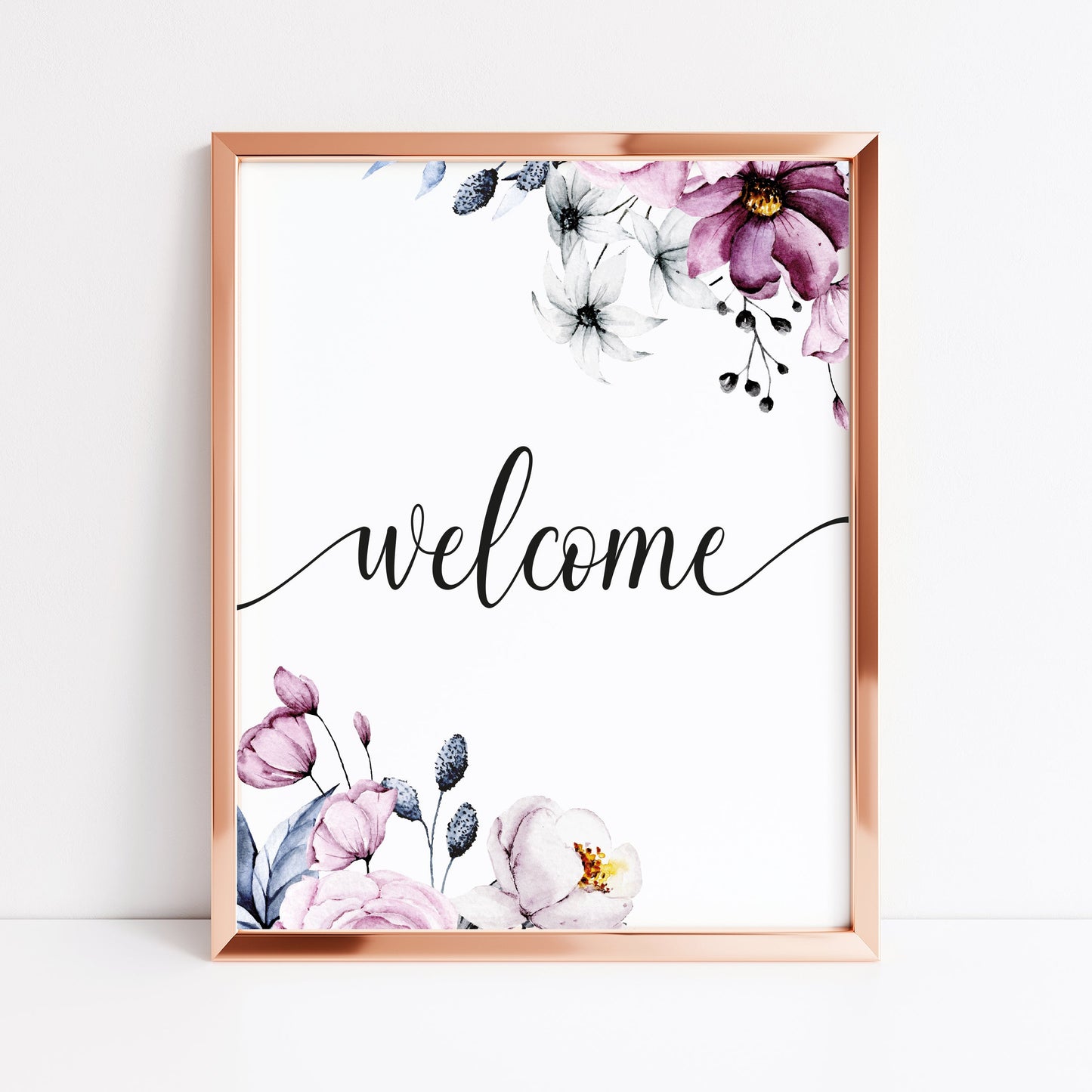 Welcome purple blue floral border home hallway welcome sign unframed wall art poster print