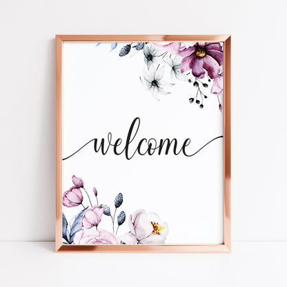 Welcome purple blue floral border home hallway welcome sign unframed wall art poster print