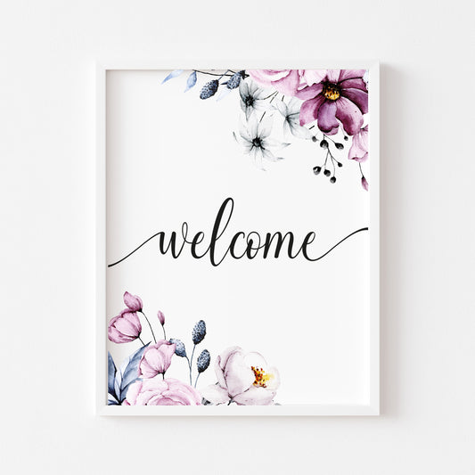 Welcome purple blue floral border home hallway welcome sign unframed wall art poster print