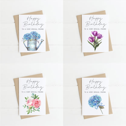 Pack of 4 Happy Birthday individual styles, floral roses hydrangea tulips blue purple pink birthday cards with envelope,kraft brown or white