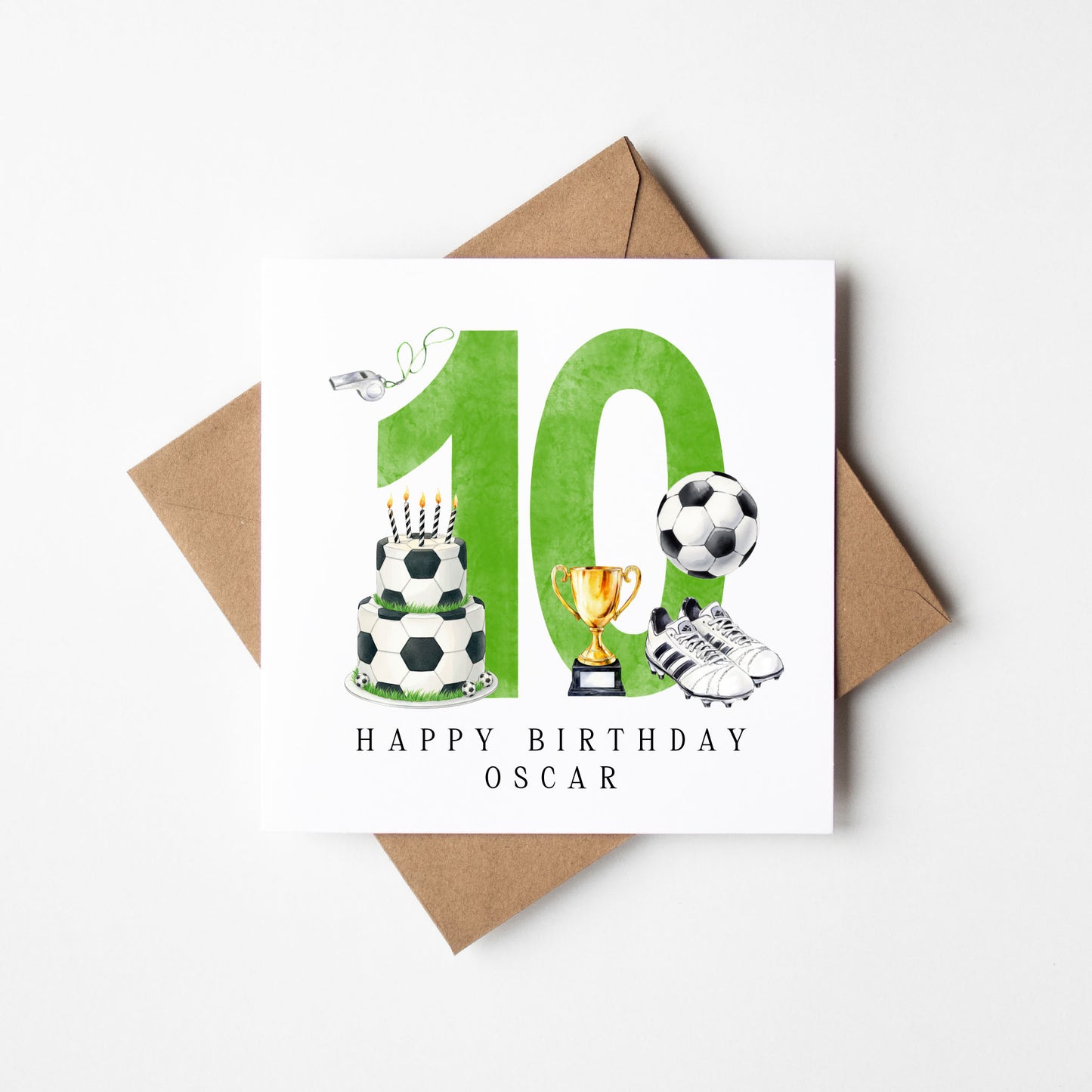 10th Birthday Card personalised football footy themed boys Green bday card number 10 with Envelope