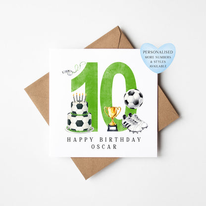 10th Birthday Card personalised football footy themed boys Green bday card number 10 with Envelope
