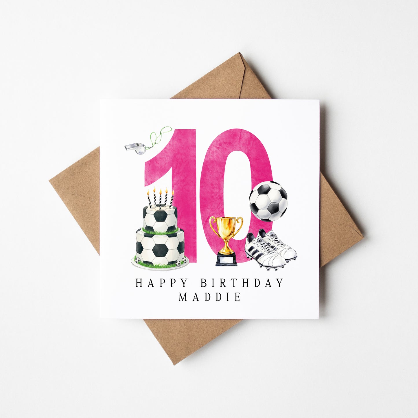 10th Birthday Card personalised pink football footy themed bday card number 10 with Envelope