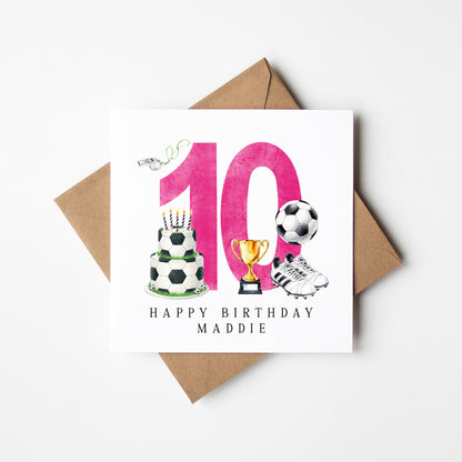 10th Birthday Card personalised pink football footy themed bday card number 10 with Envelope
