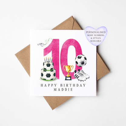 10th Birthday Card personalised pink football footy themed bday card number 10 with Envelope