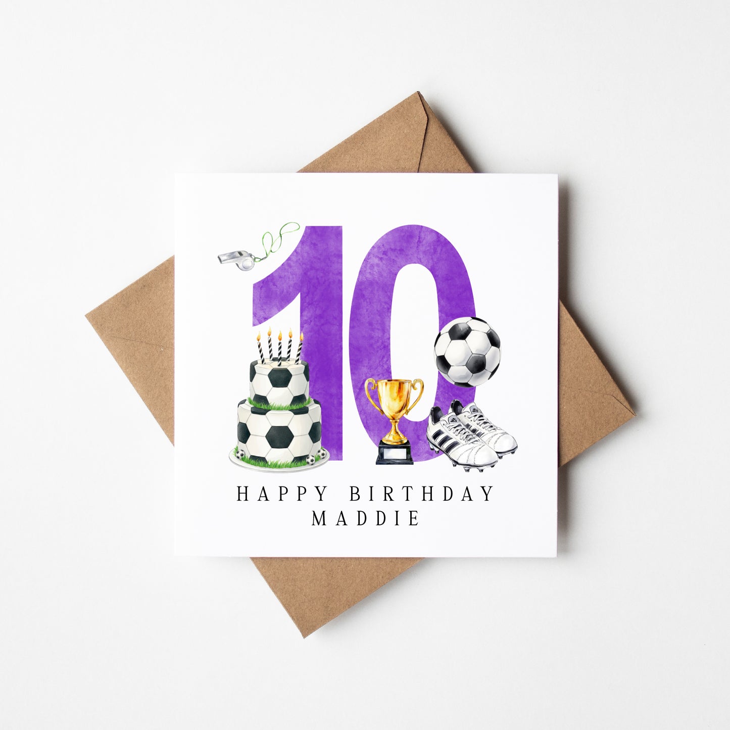 10th Birthday Card personalised purple football footy themed bday card number 10 with Envelope