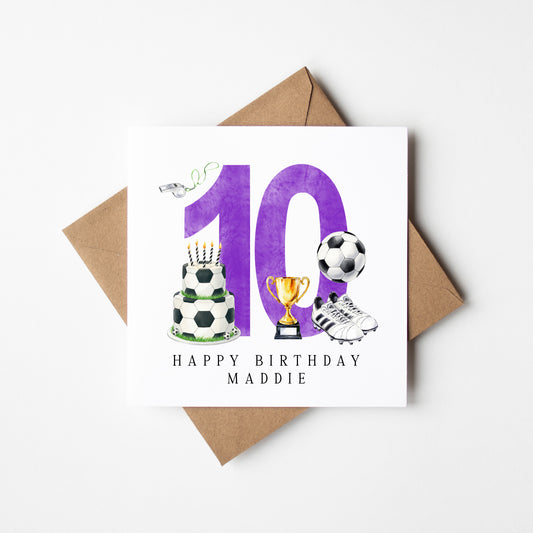 10th Birthday Card personalised purple football footy themed bday card number 10 with Envelope