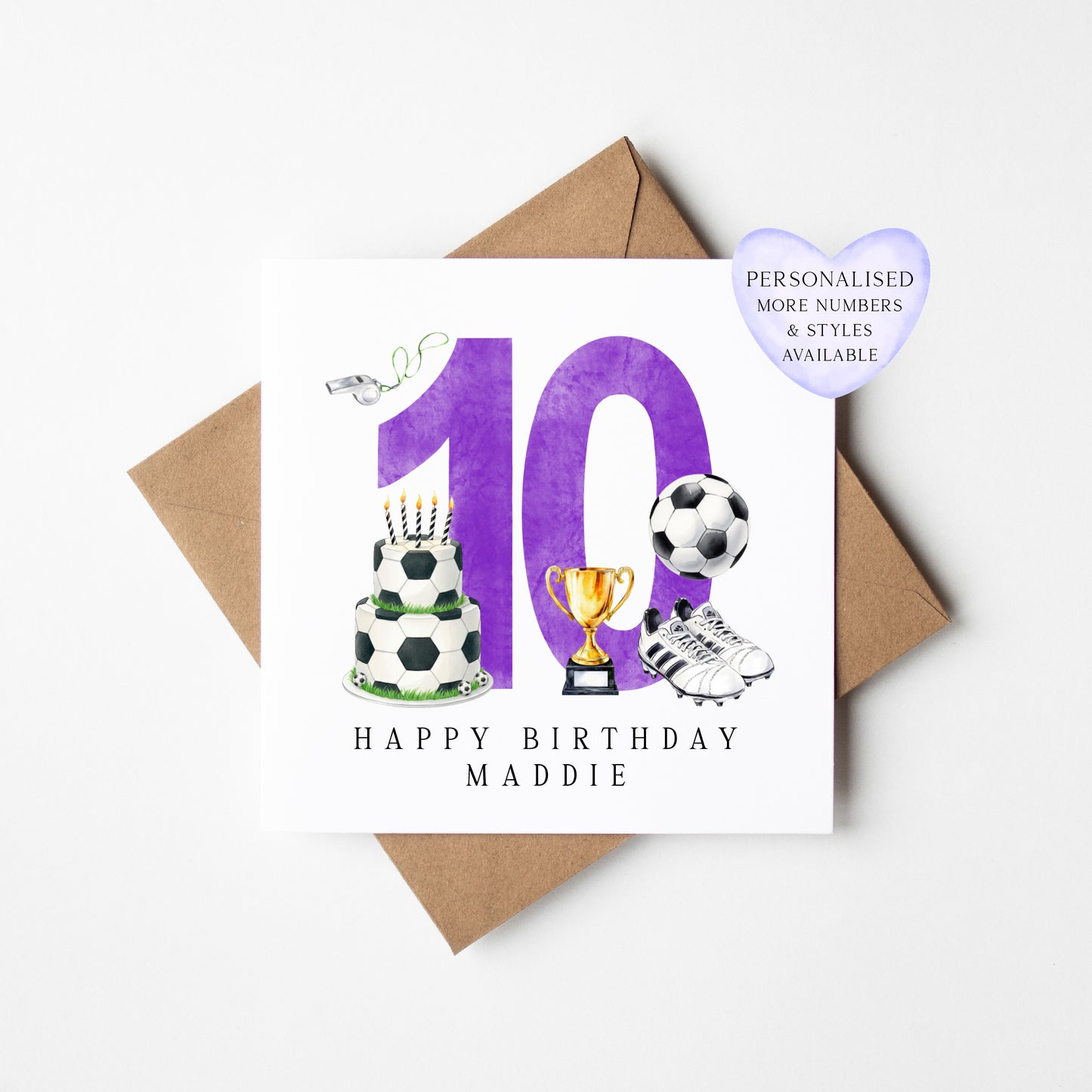 10th Birthday Card personalised purple football footy themed bday card number 10 with Envelope