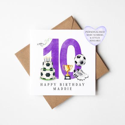 10th Birthday Card personalised purple football footy themed bday card number 10 with Envelope
