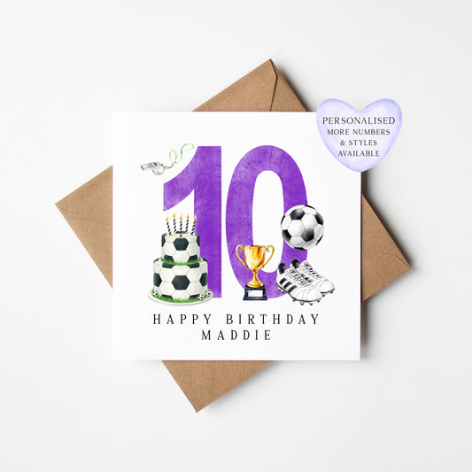 10th Birthday Card personalised purple football footy themed bday card number 10 with Envelope