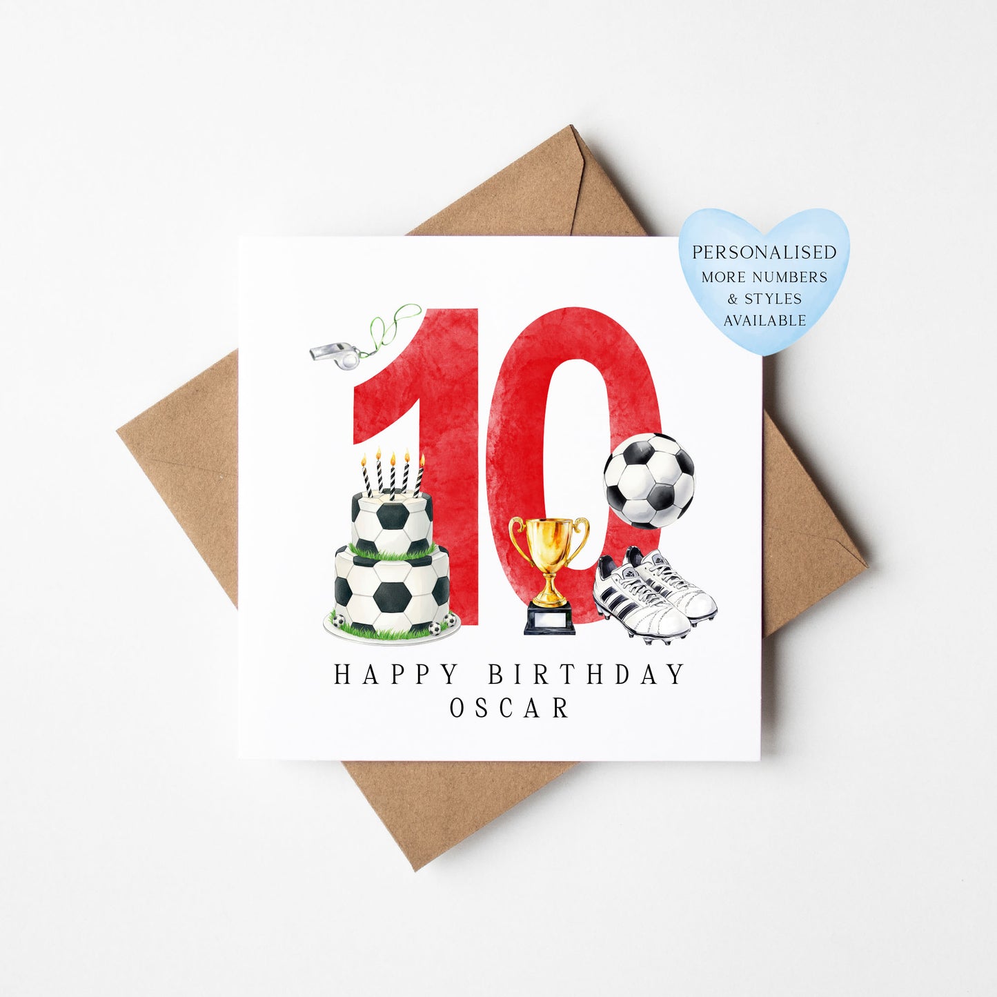 10th Birthday Card personalised football footy themed boys Red bday card number 10 with Envelope