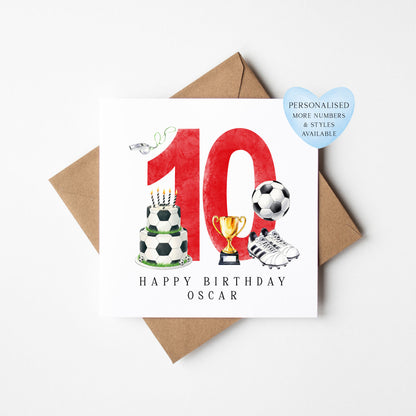 10th Birthday Card personalised football footy themed boys Red bday card number 10 with Envelope