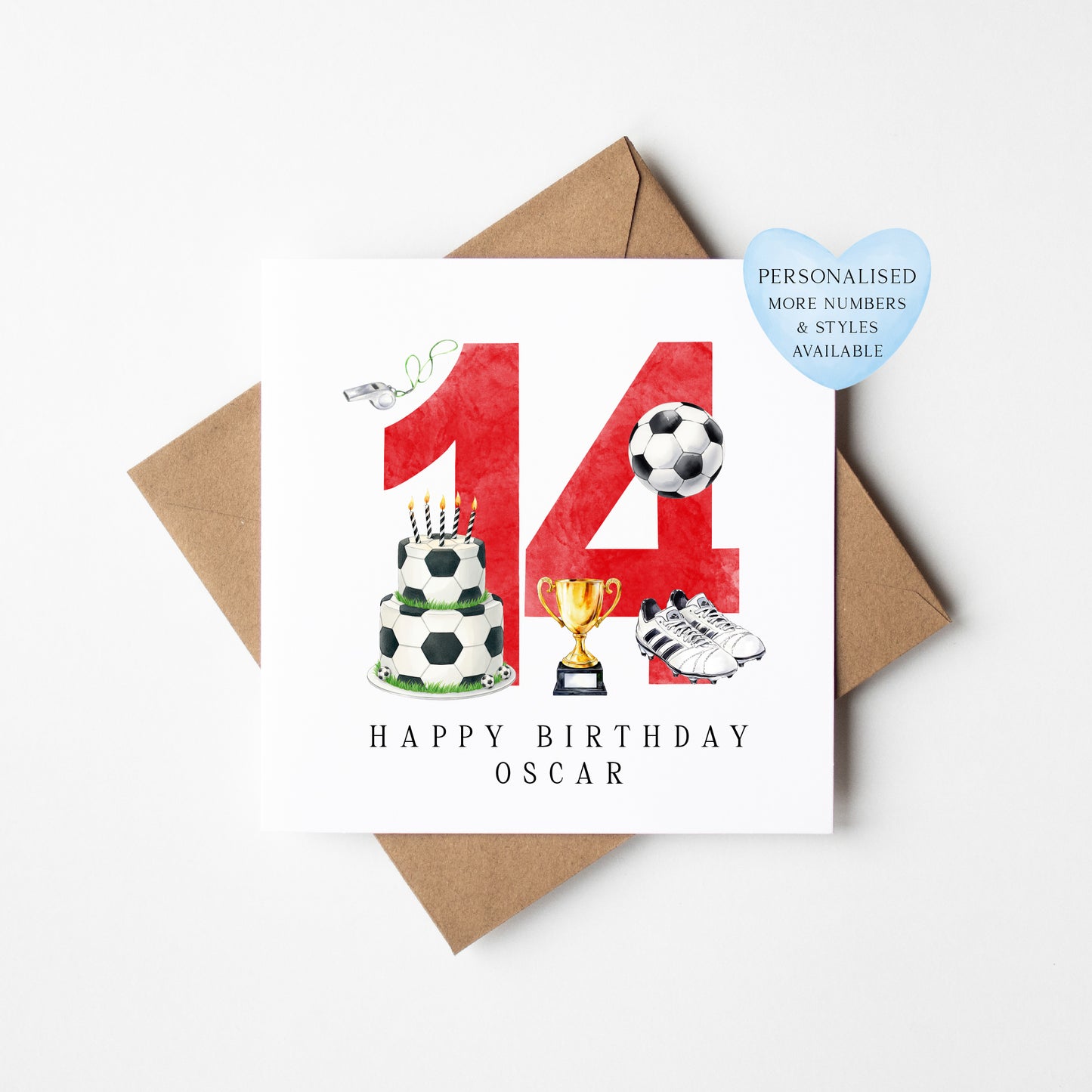 14th Birthday Card personalised football footy themed boys Red bday card number 14 with Envelope