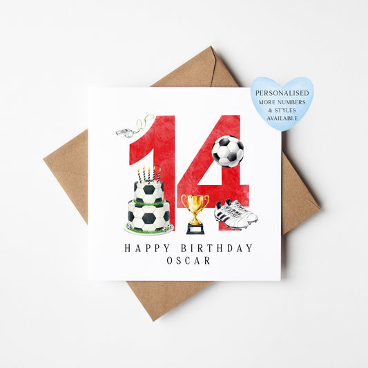 14th Birthday Card personalised football footy themed boys Red bday card number 14 with Envelope