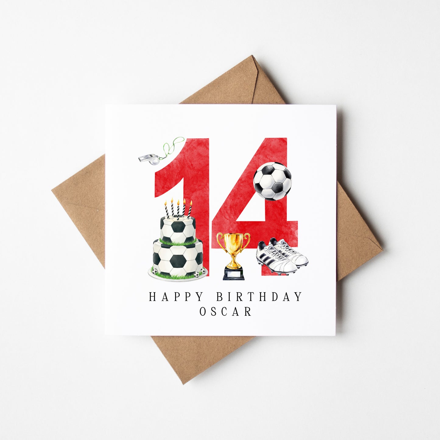 14th Birthday Card personalised football footy themed boys Red bday card number 14 with Envelope